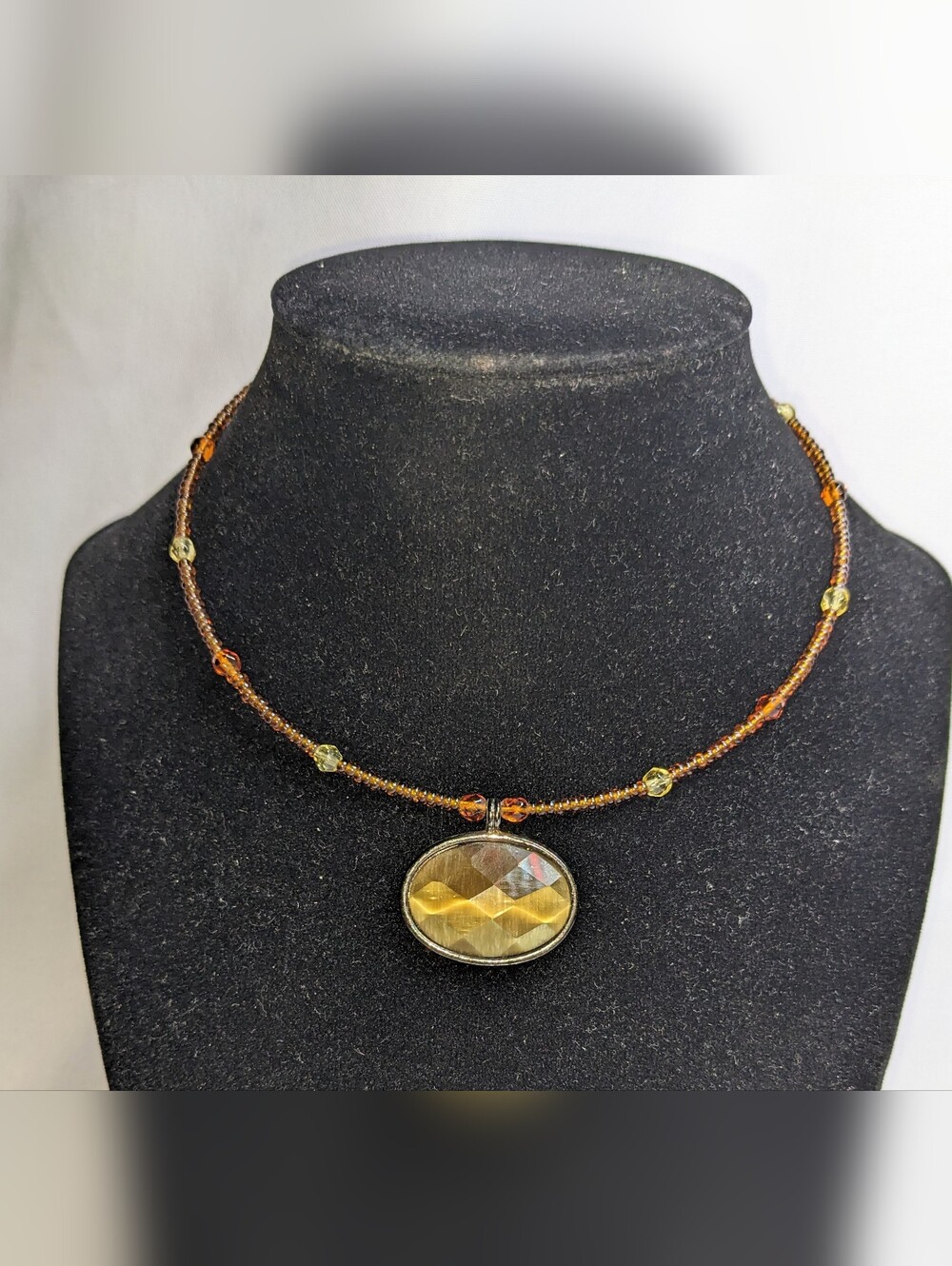 Cat's-Eye Effect Choker Necklace, Beaded Memory Wire, Brown Orange Gunmetal